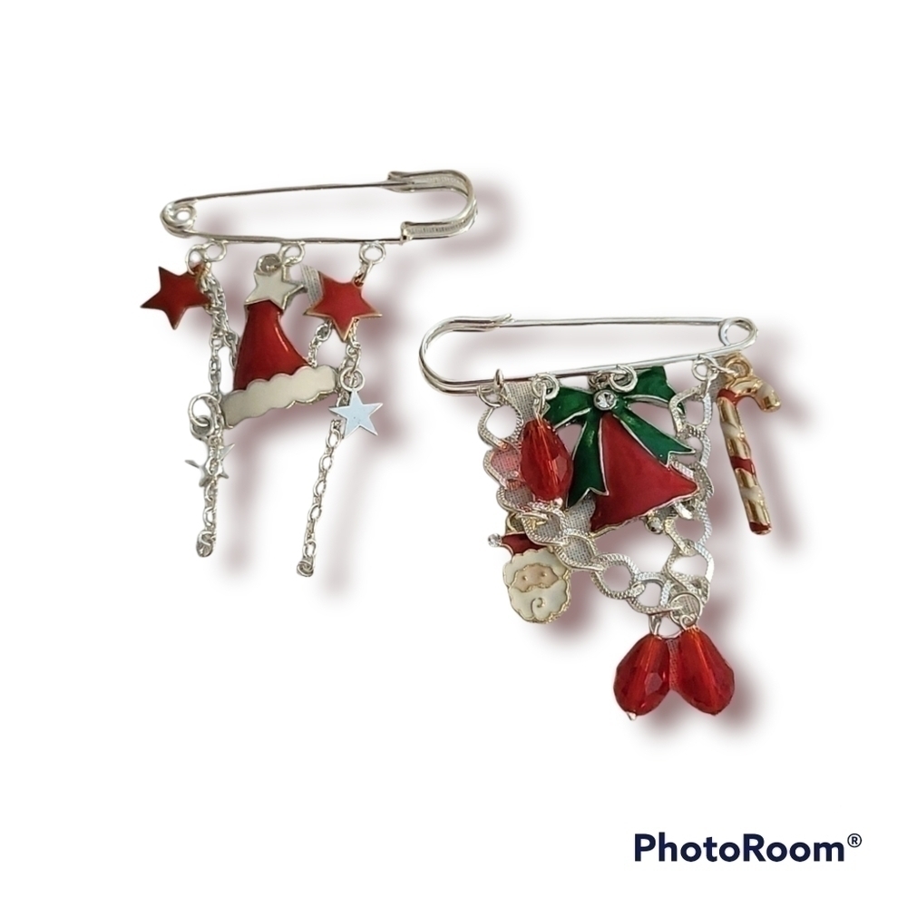 5/$25 CHRISTMAS Santa Hat Candy Cane Safety Pin Brooch